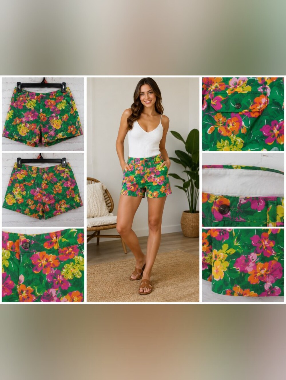 ralph lauren sport vintage floral shorts green 100% cotton nwt size 8
